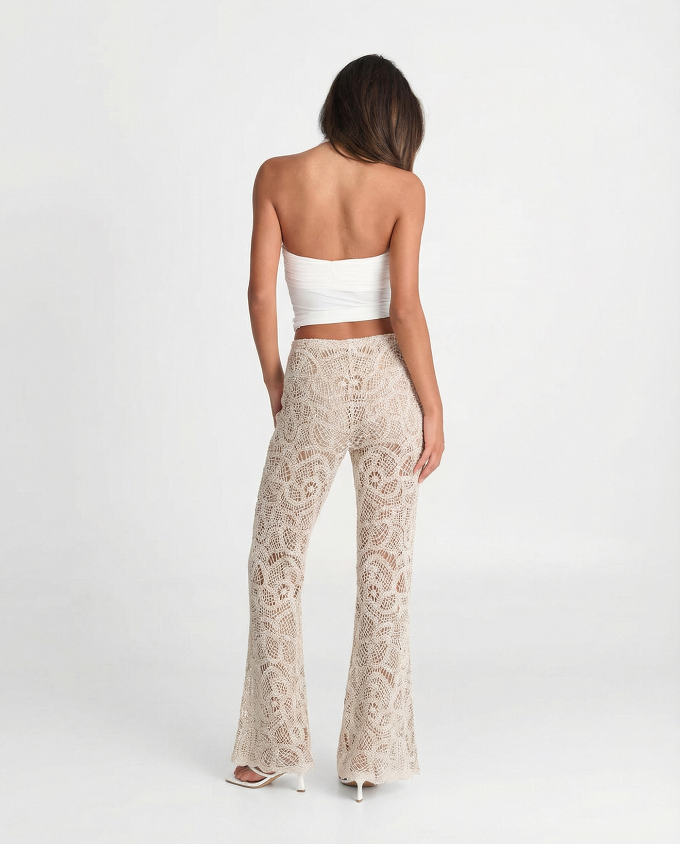 Freya | Open-Weave Crochet Knit Flared Trousers with Elasticated Waist