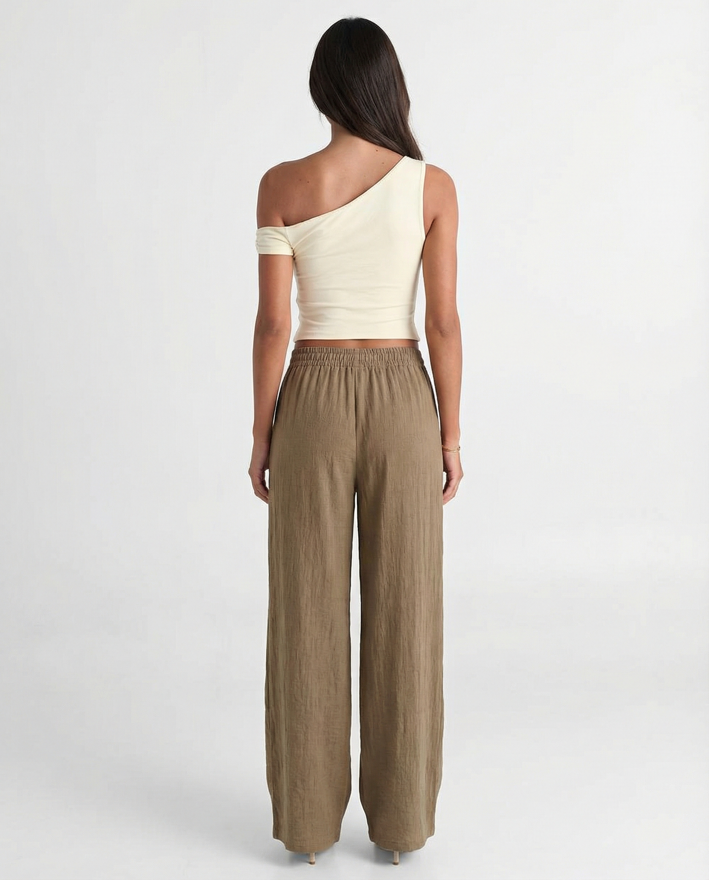 Julia | Elasticated Waist Side Pocket Wide-Leg Linen Trousers in Khaki, Red and Brown