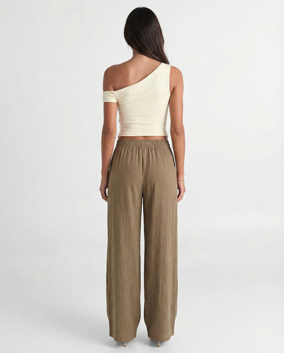 Julia | Elasticated Waist Side Pocket Wide-Leg Linen Trousers in Khaki, Red and Brown