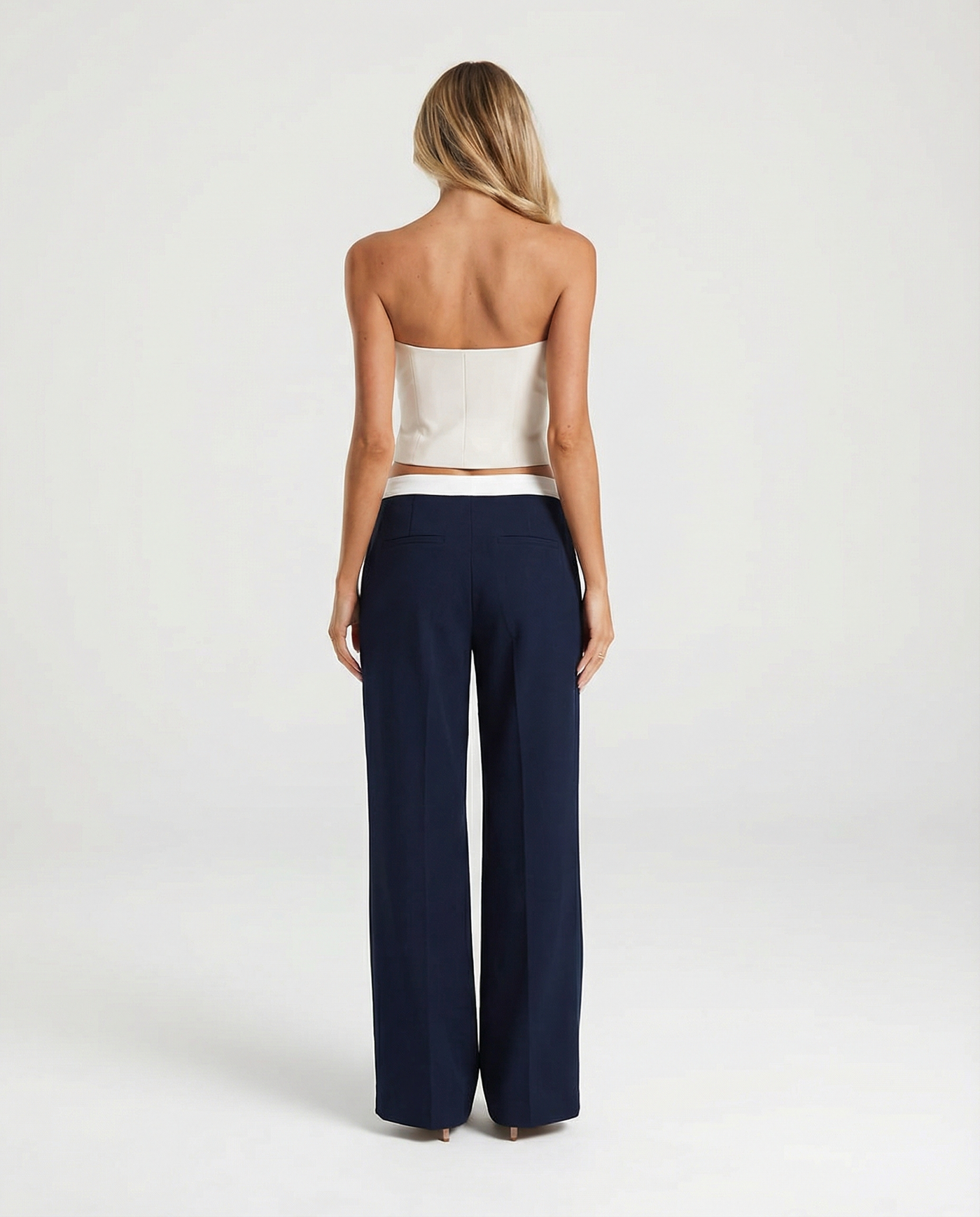 Poppy | Contrast Waistband High-Rise Front Crease Wide-Leg Trousers in Navy