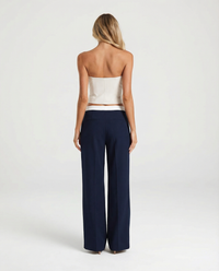 Poppy | Contrast Waistband High-Rise Front Crease Wide-Leg Trousers in Navy