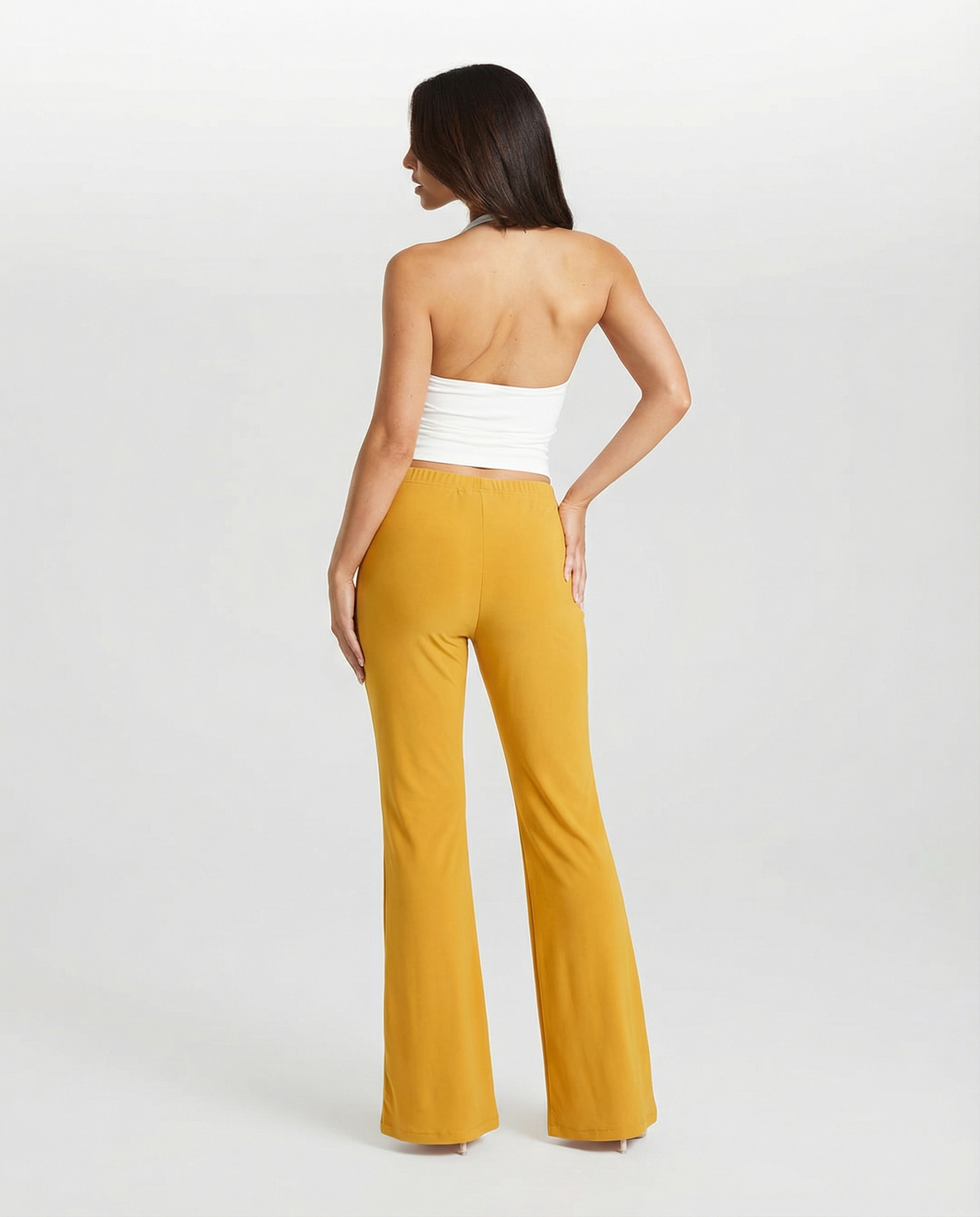 Georgina | High-Waist Front Seam Flared Wide-Leg Jersey Trousers in Yellow