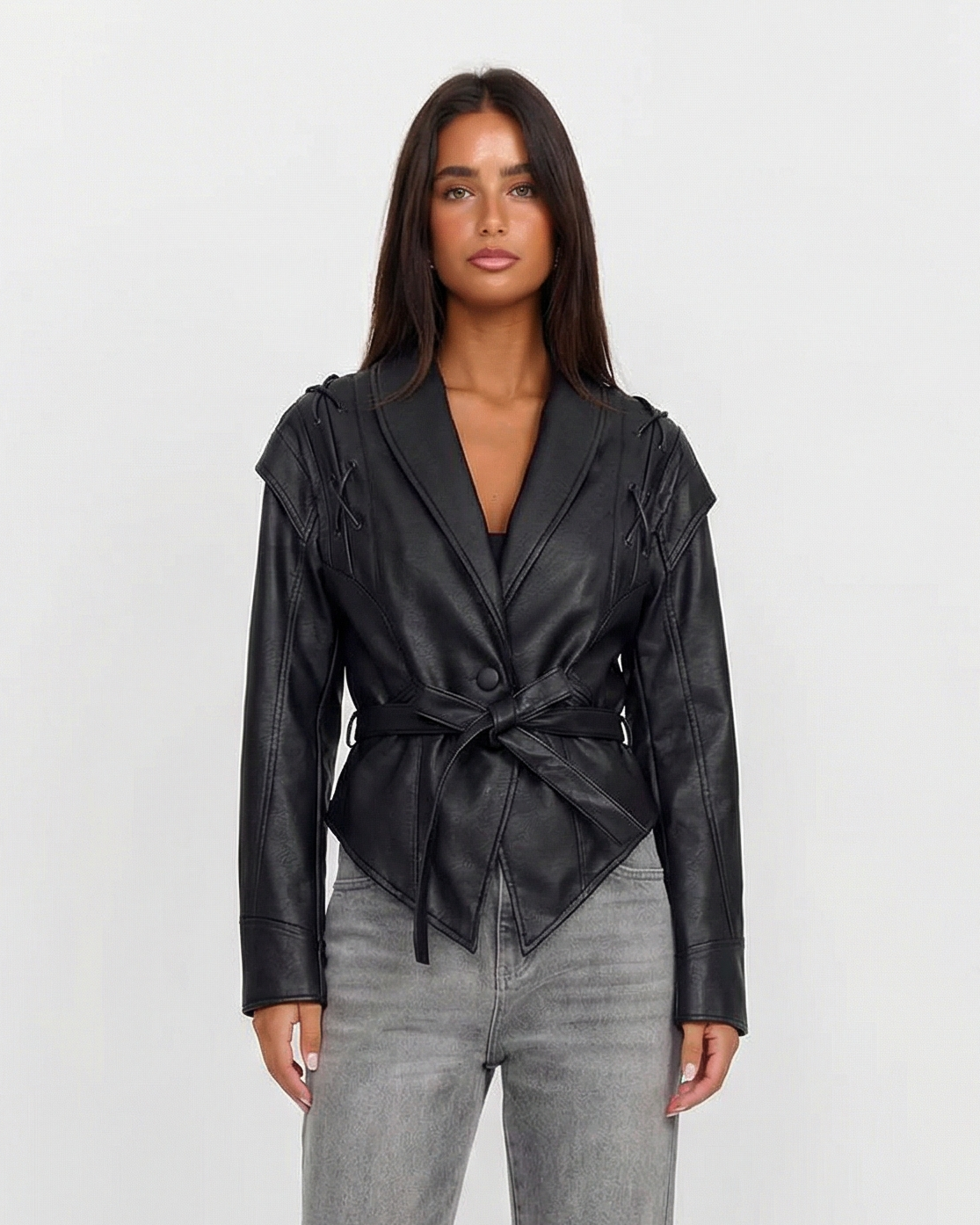 Nola | Faux Leather Jacket Black Belted Lace Up Long Sleeve