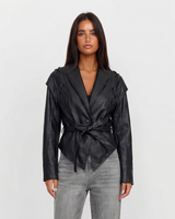 Anna | Faux Leather Belted Cropped Blazer