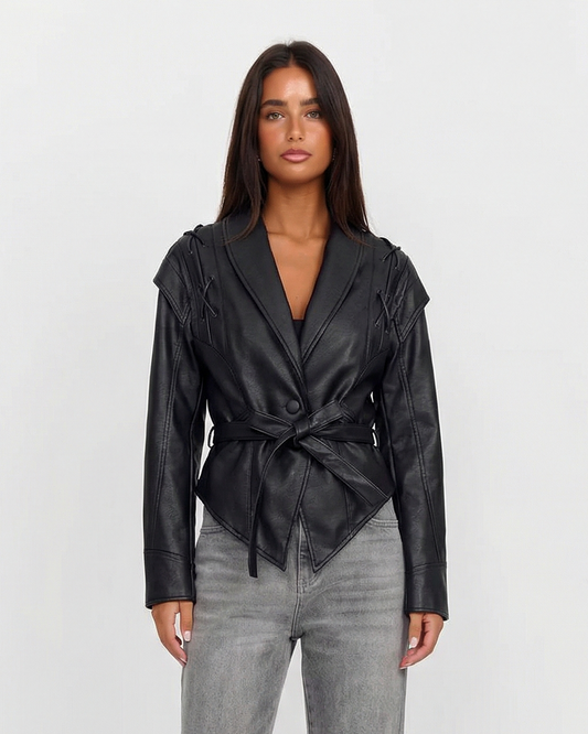 Nola | Faux Leather Jacket Black Belted Lace Up Long Sleeve