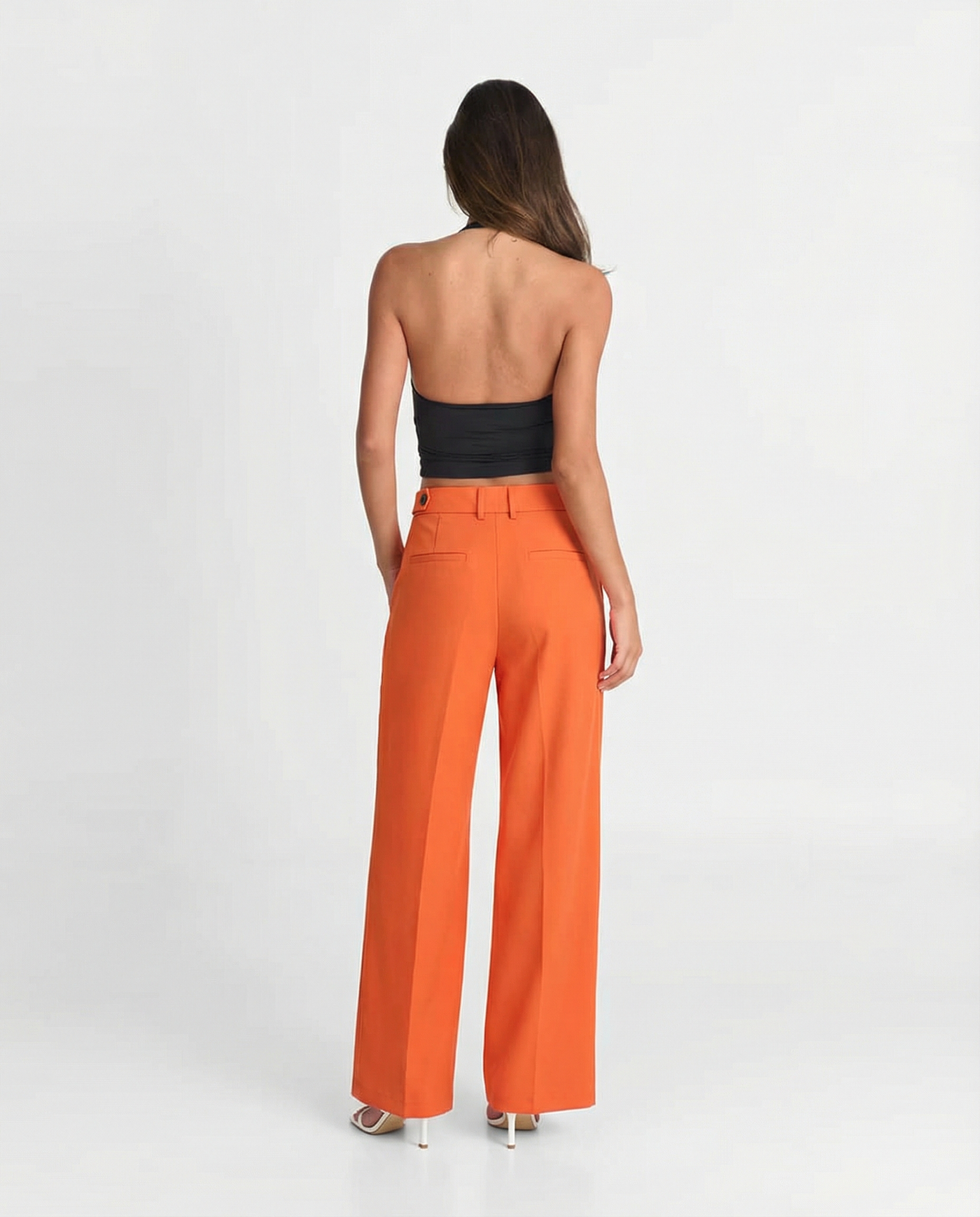 Evelyn | High-Waist Pleated Side Pocket Tailored Wide-Leg Trousers in Orange