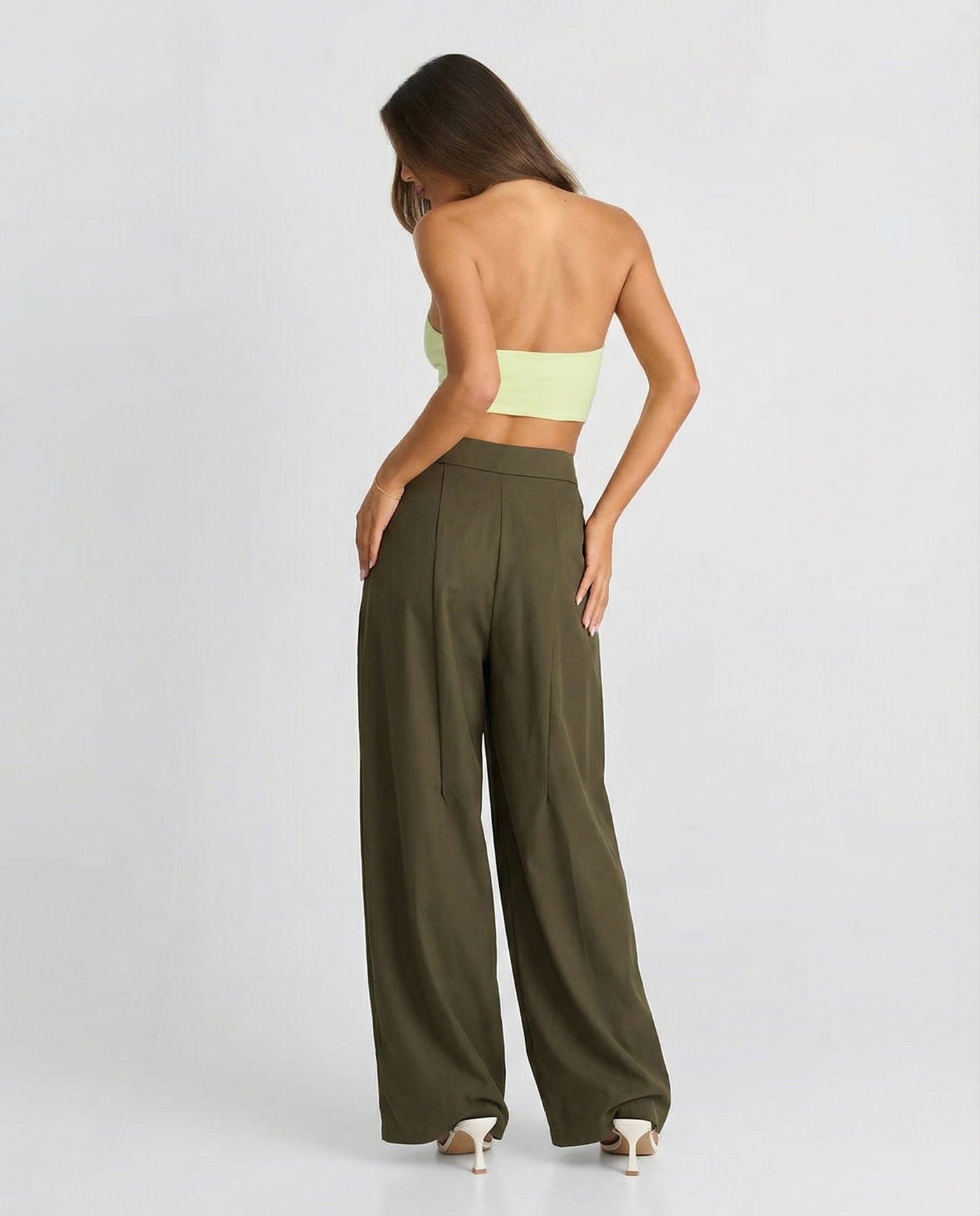 Saskia | High-Waist Deep Pleat Flowing Wide-Leg Trousers in Khaki