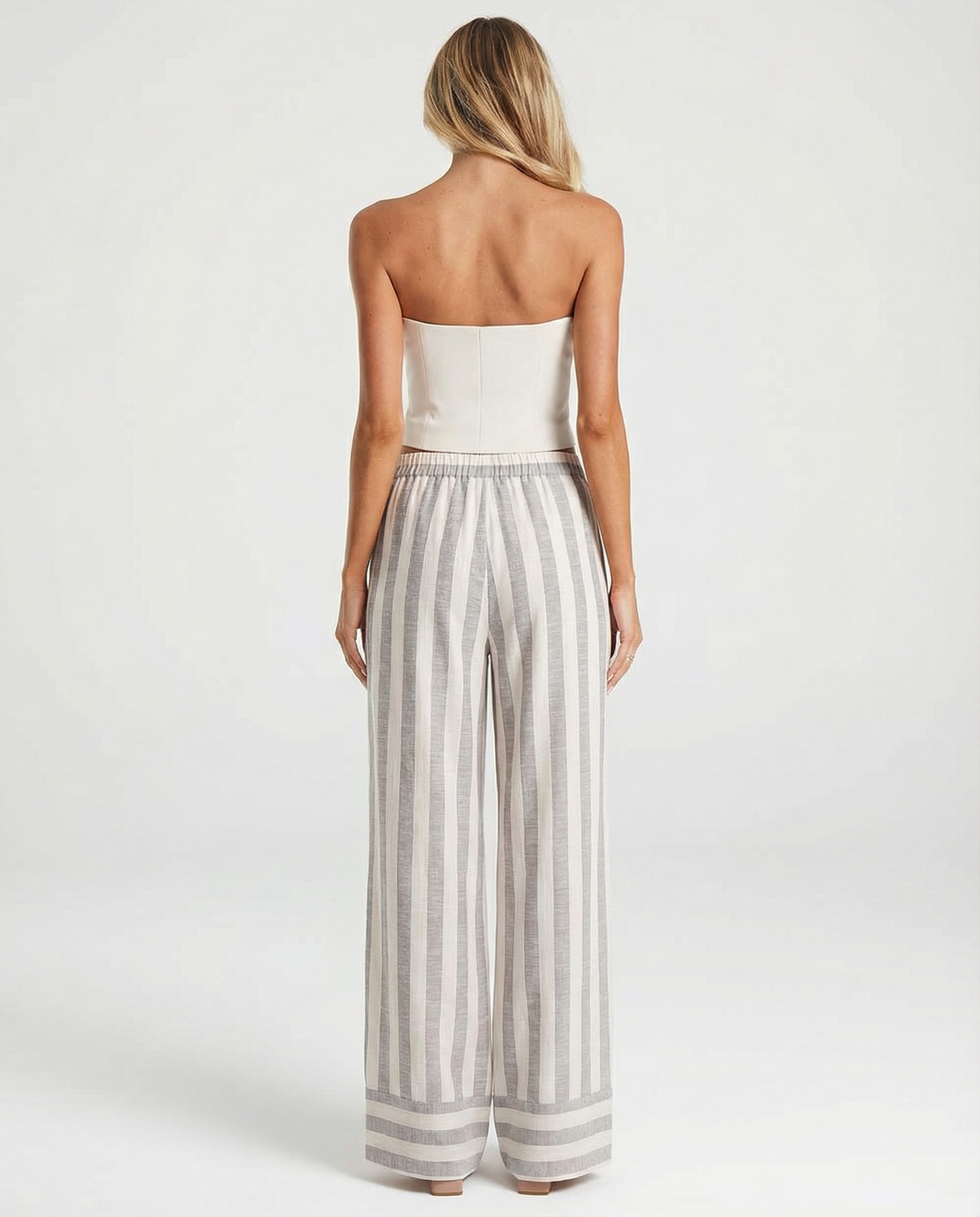 Lois | High-Waist Stripe Contrast Hem Wide-Leg Linen Trousers in Cream