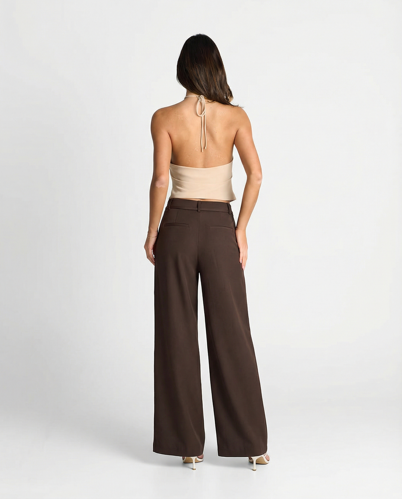 Yasmin | Tie-Front Double Pleat Wide-Leg Linen Trousers in Brown