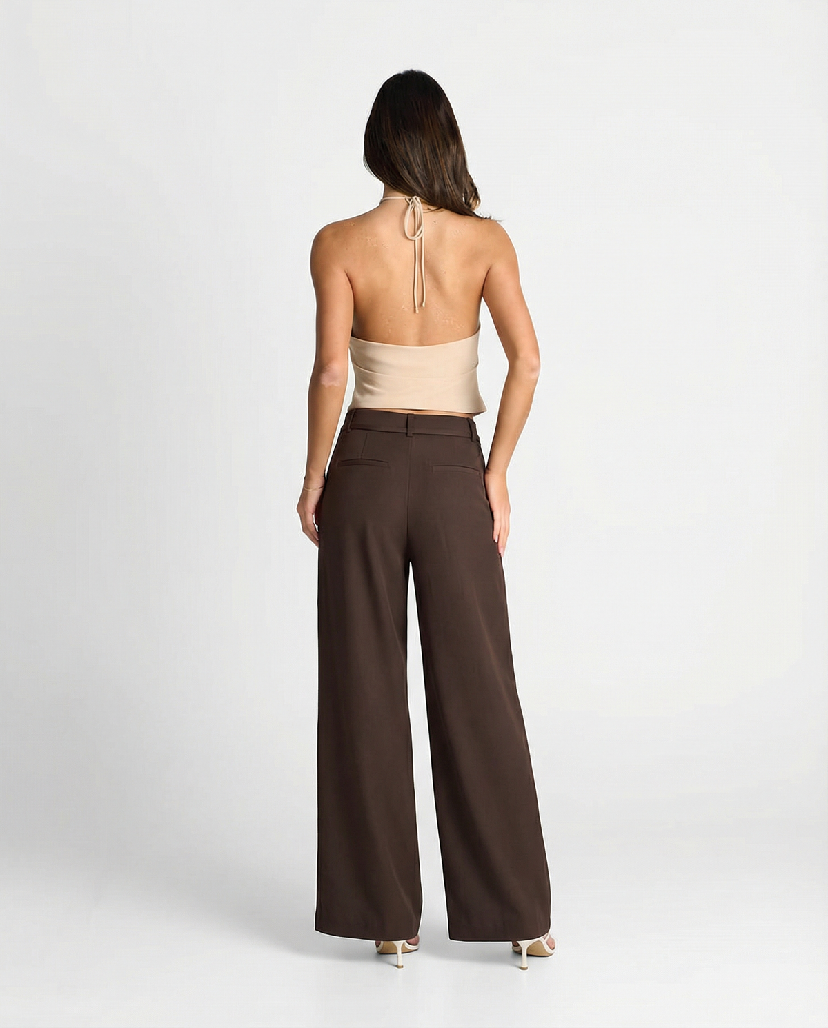 Yasmin | Tie-Front Double Pleat Wide-Leg Linen Trousers in Brown