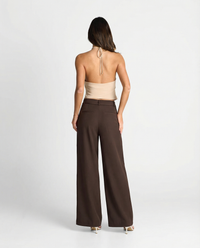 Yasmin | Tie-Front Double Pleat Wide-Leg Linen Trousers in Brown