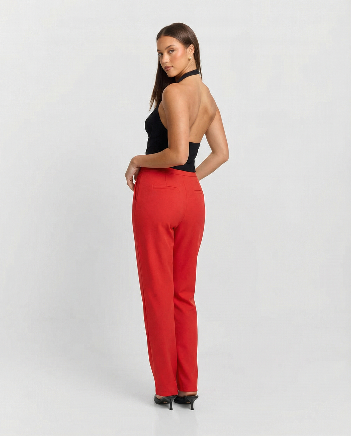 Juliet | Flat Front Seam Pocket Tailored Straight-Leg Trousers in Red and Navy