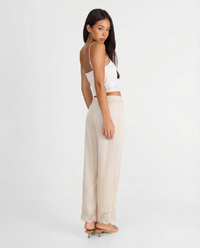 Rosa | Lace Hem Elasticated Waist Brushed Terry Wide-Leg Trousers in Cream