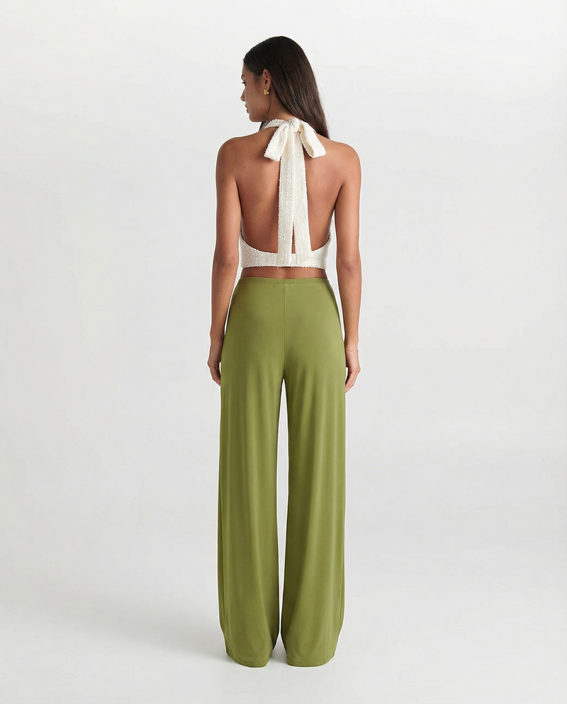 Stella | Casual Wide Leg Trousers Green Fluid Drape