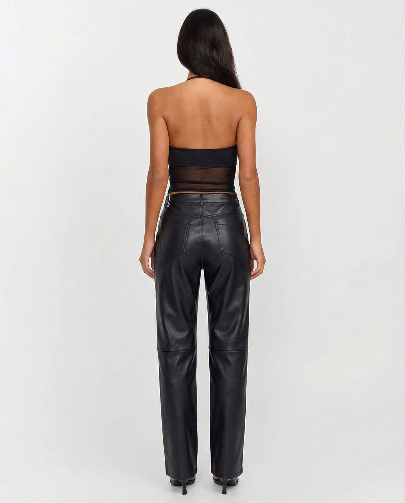 Ottilie | High-Waist Five-Pocket Knee Seam Faux Leather Straight-Leg Trousers in Black
