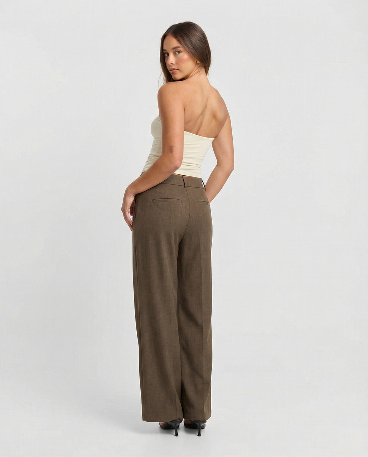 Victoria | High-Waist Front Seam Tailored Wide-Leg Trousers in Brown and Beige