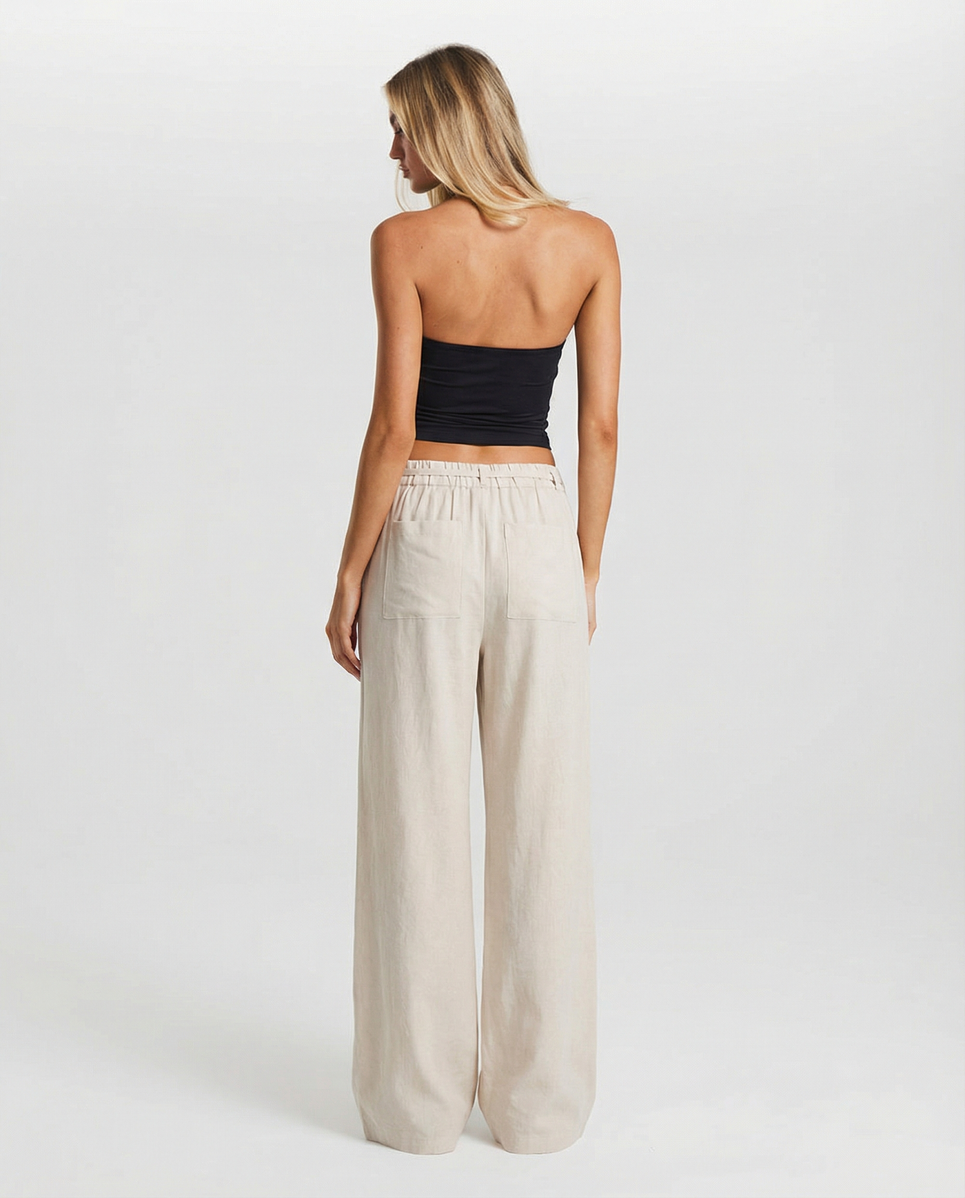 Emily | Drawstring Front-Pleat Wide-Leg Linen Trousers with Elasticated Back