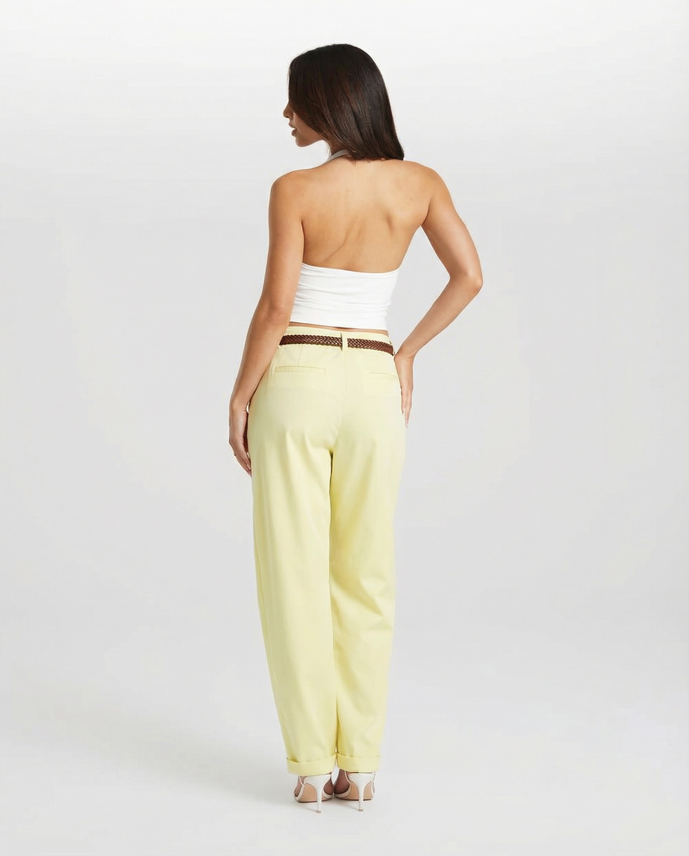 Seren | High-Waist Belted Cuffed Tapered Summer Trousers in Cream
