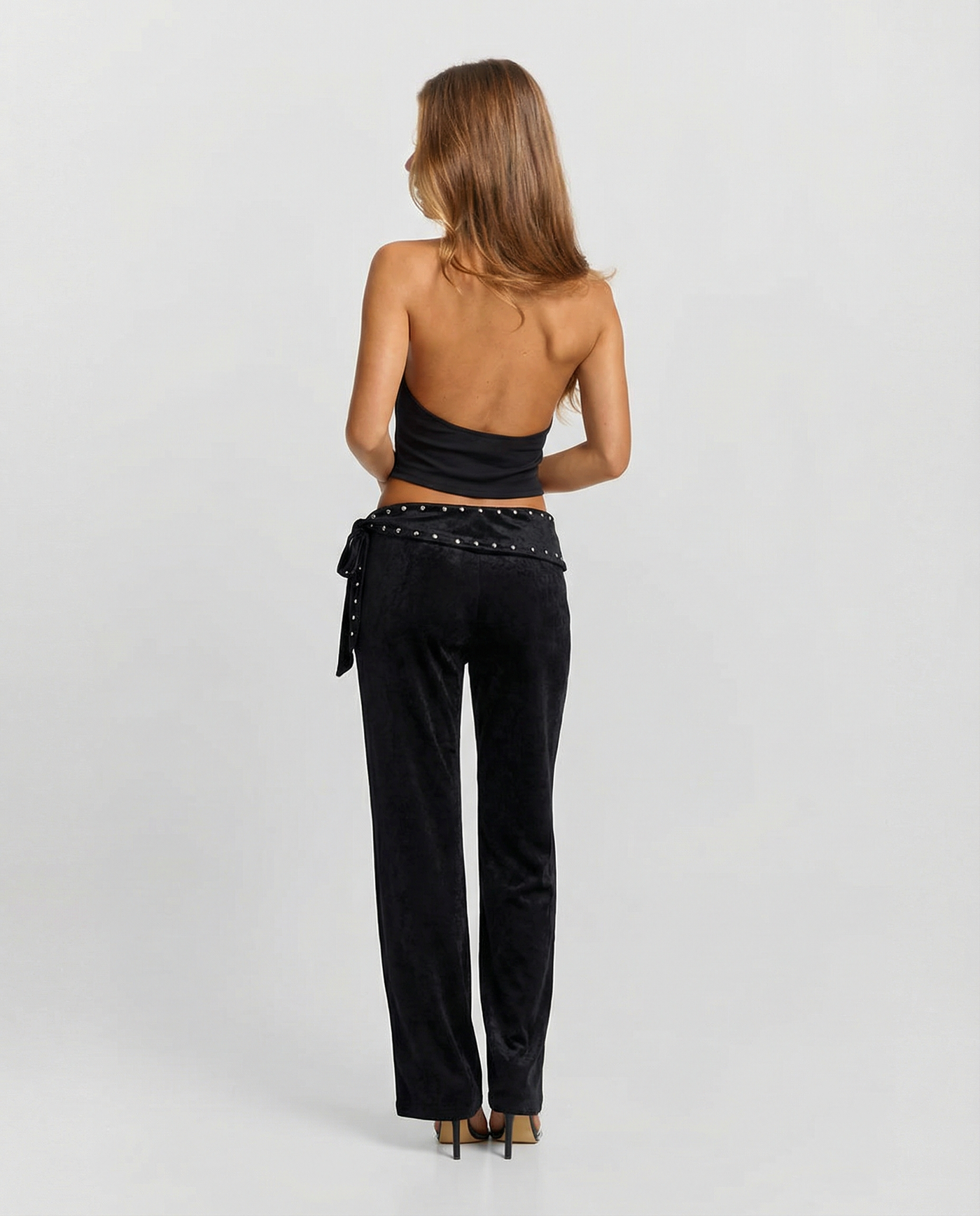 Mia | Studded Wrap Waistband Side-Tie Wide-Leg Jersey Trousers in Black