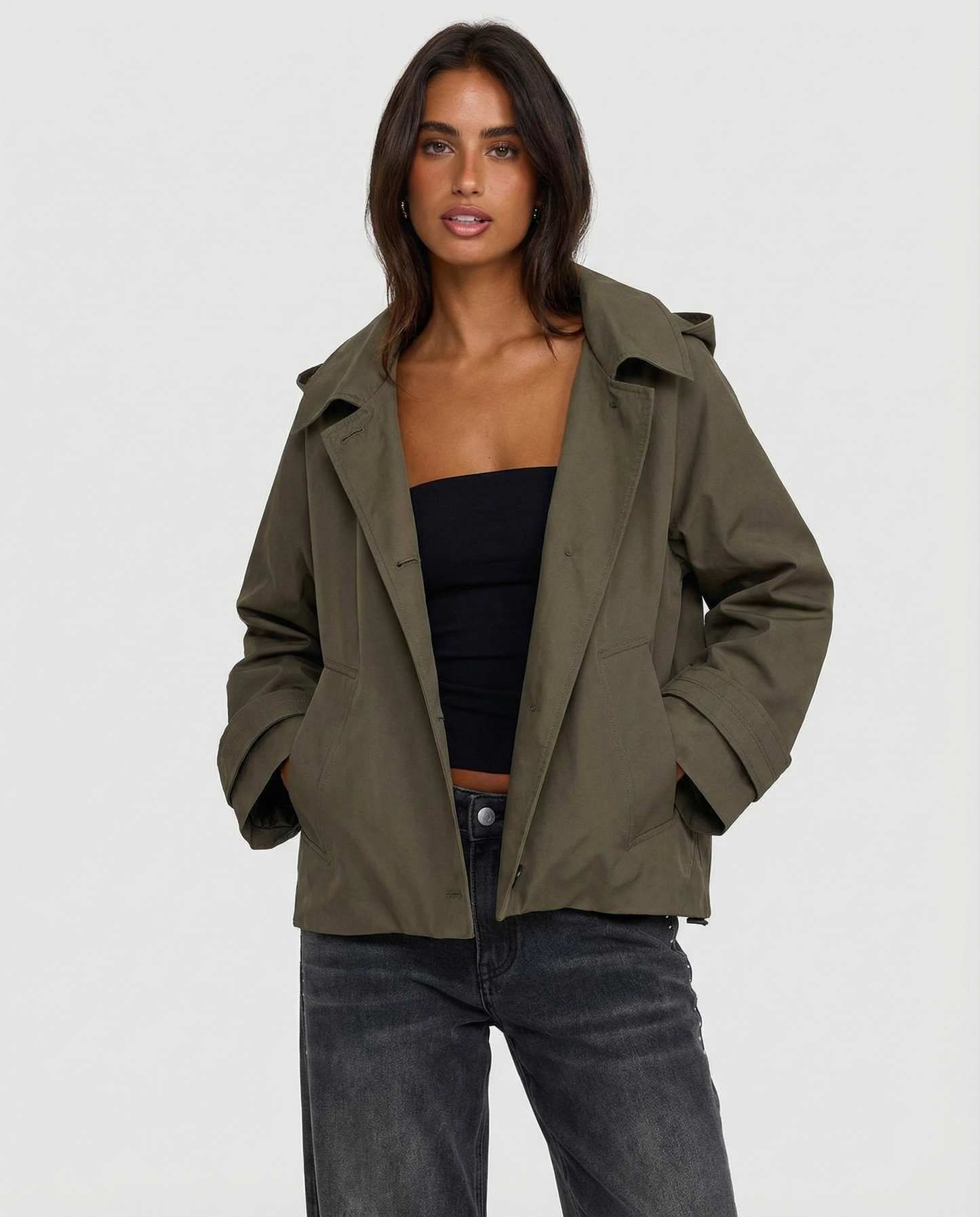 Bea | Casual Cropped Hooded Button Up Jacket Khaki Oversized