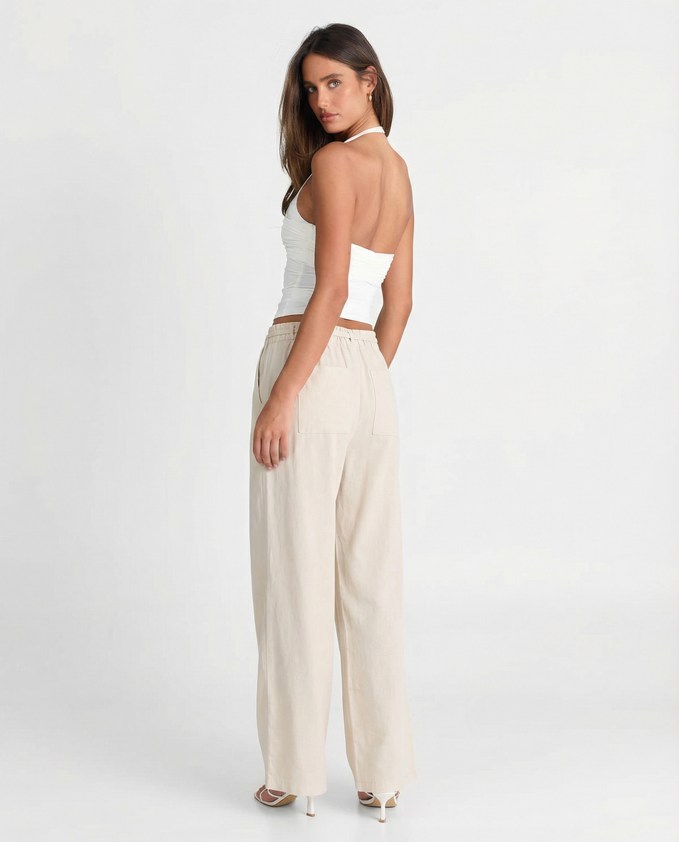 Francesca | Drawstring Pleat Side Pocket Wide-Leg Linen Trousers in Beige and Army Green