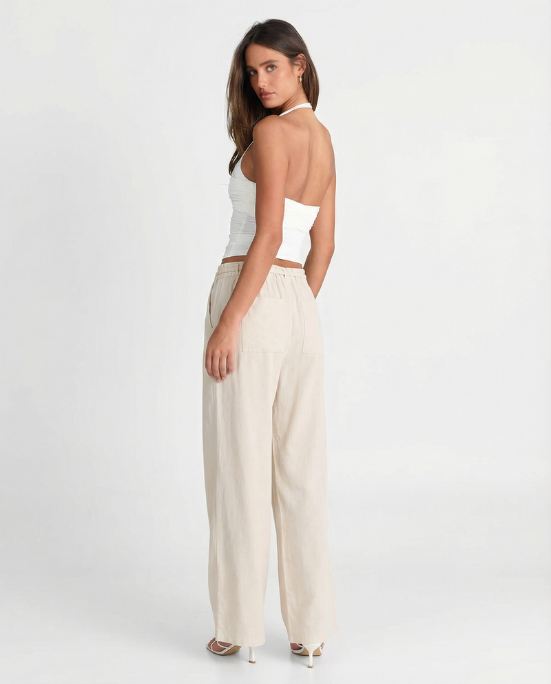 Hazel | Casual Wide Leg Linen Trousers Cream Drawstring