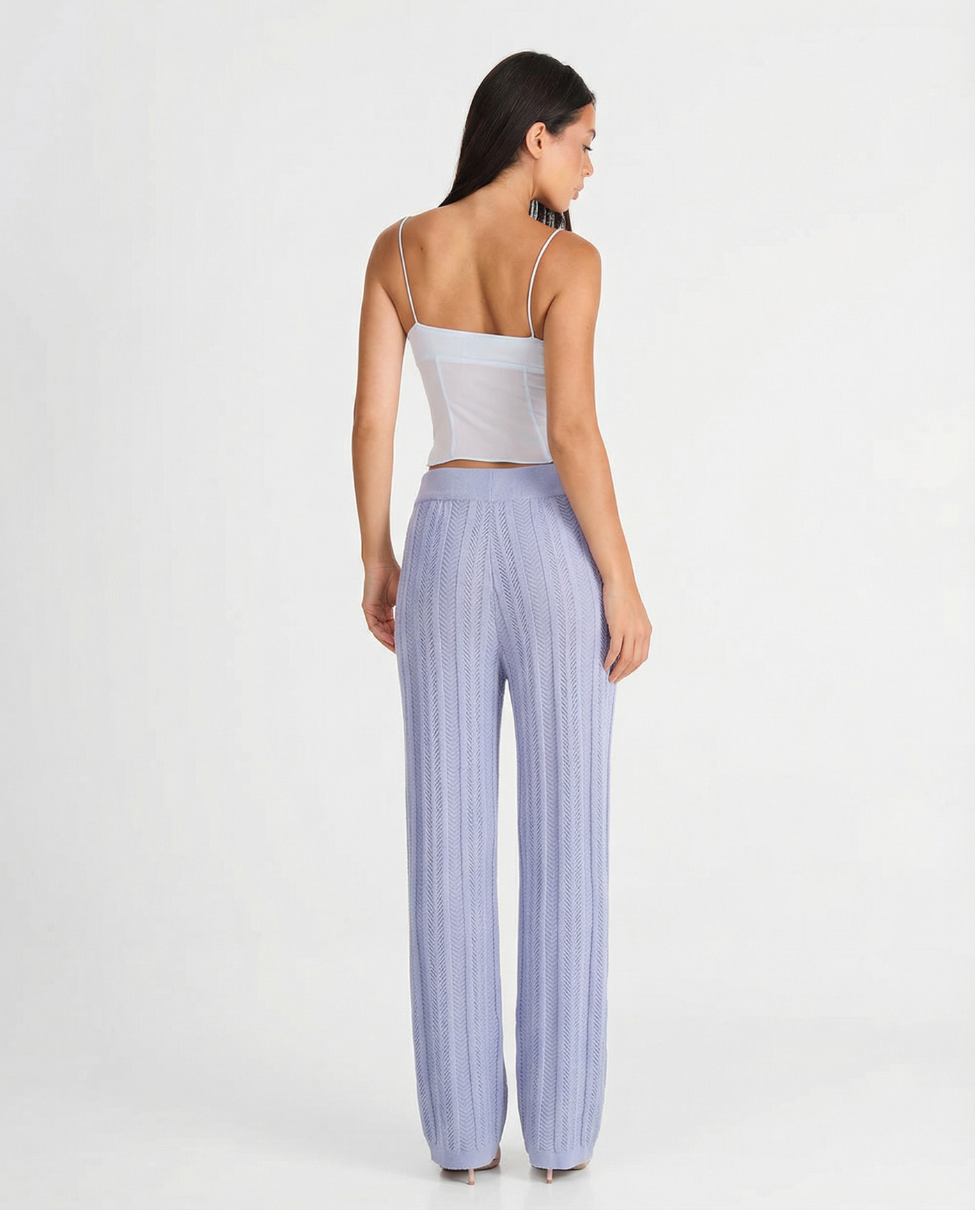 India | Chevron Knit Drawstring Wide-Leg Open-Knit Trousers in Light Blue