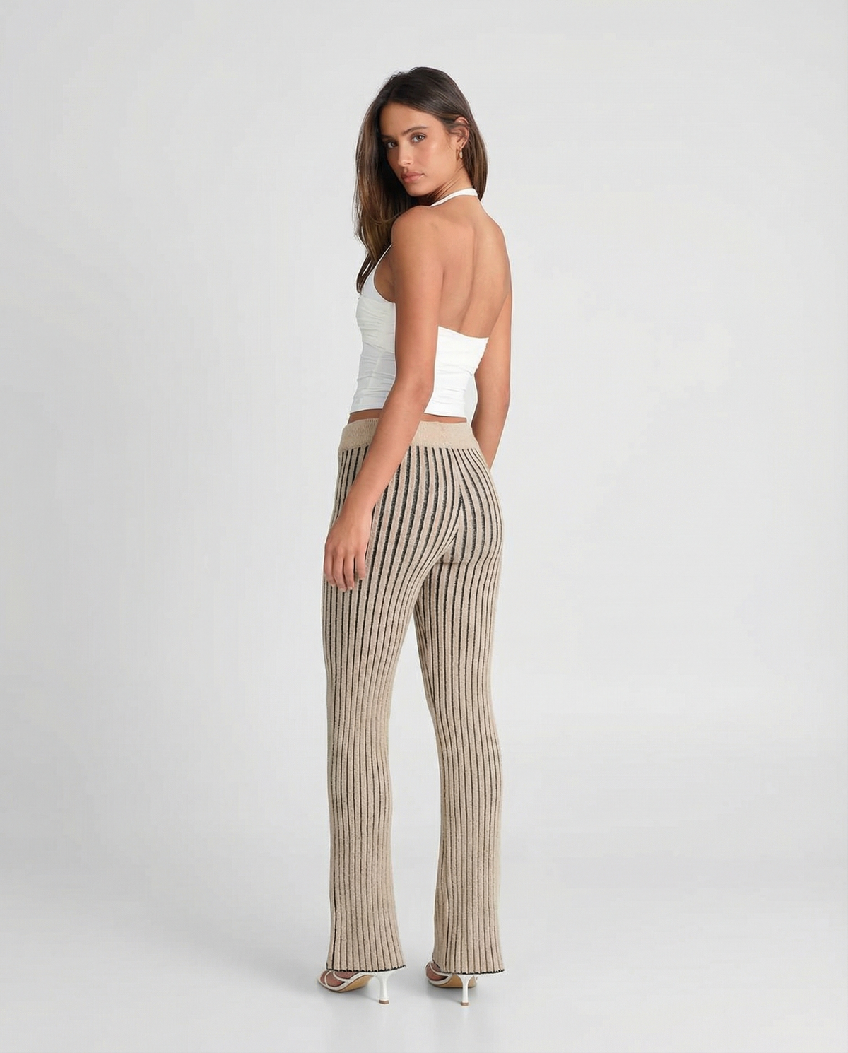 Mollie | Vertical Stripe Elasticated Wide-Leg Ribbed Knit Trousers in Cream
