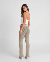 Mollie | Vertical Stripe Elasticated Wide-Leg Ribbed Knit Trousers in Cream