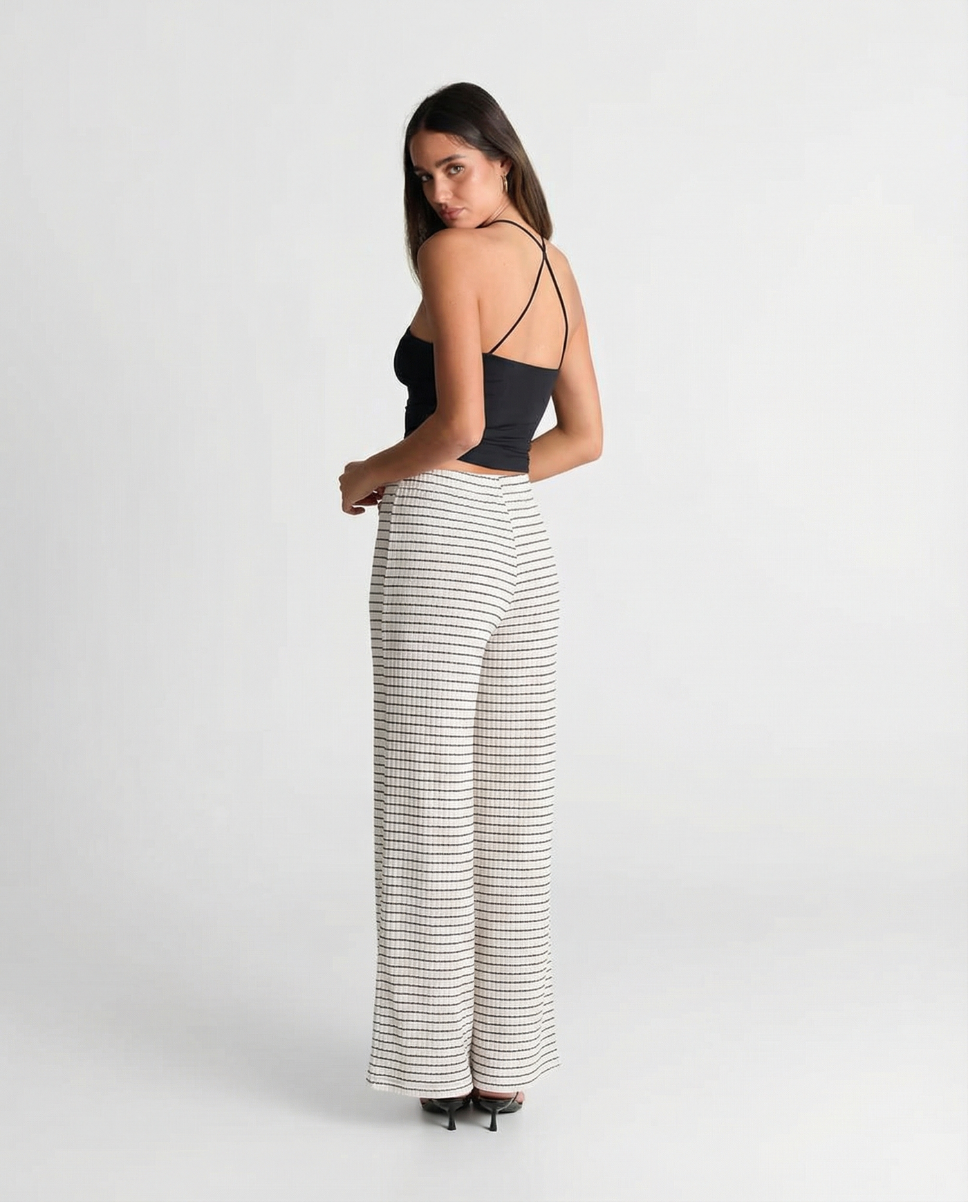 Naomi | Stripe Drawstring Ribbed Knit Wide-Leg Trousers in Cream