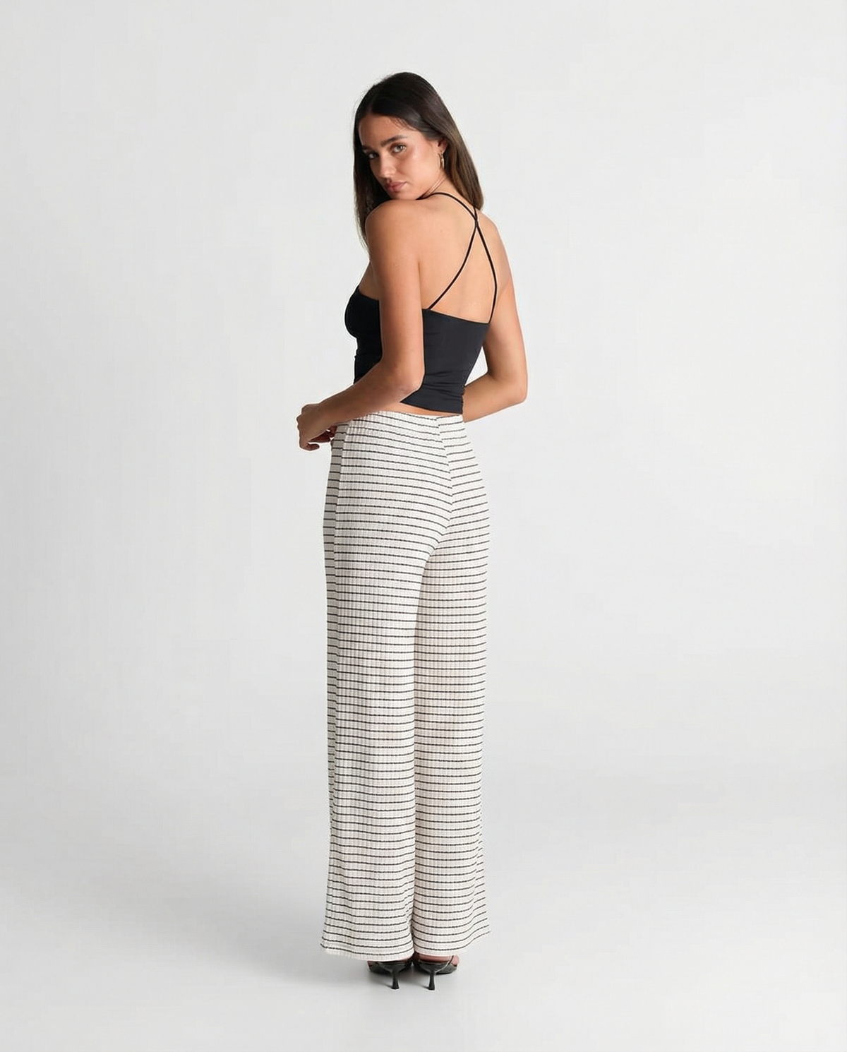Naomi | Stripe Drawstring Ribbed Knit Wide-Leg Trousers in Cream
