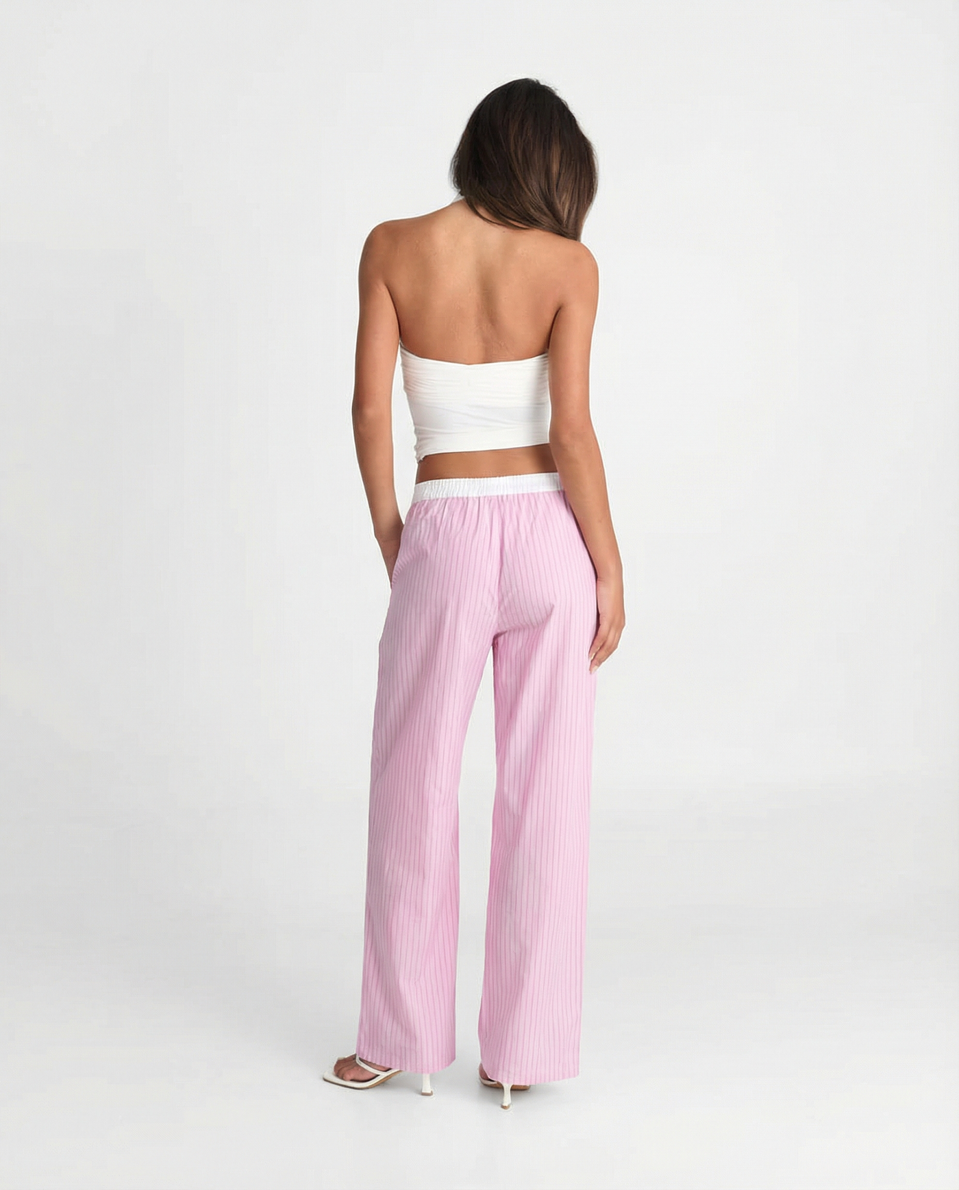 Mary | Stripe Contrast Waistband Button Fly Wide-Leg Cotton Trousers
