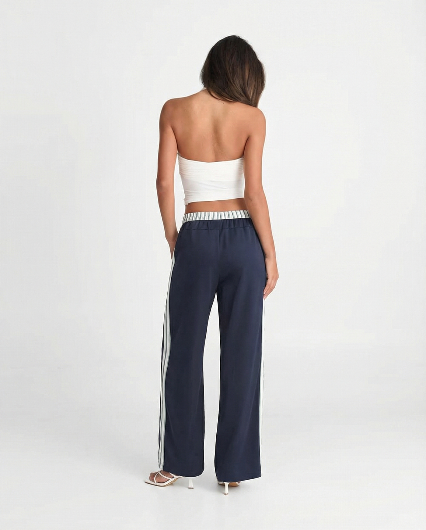 Eliana | Striped Waistband Drawstring Vertical Stripe Wide-Leg Trousers in Navy