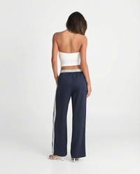 Eliana | Striped Waistband Drawstring Vertical Stripe Wide-Leg Trousers in Navy