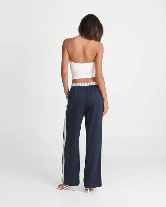 Kira | Casual Wide Leg Joggers Navy White Stripe