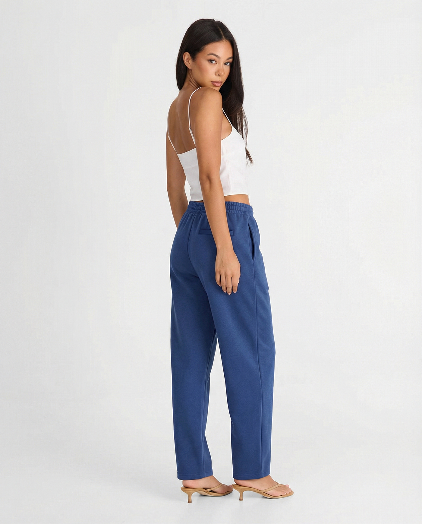 Faye | Elasticated Waist Stitched Pleat Wide-Leg Jersey Trousers in Blue, Brown and Khaki