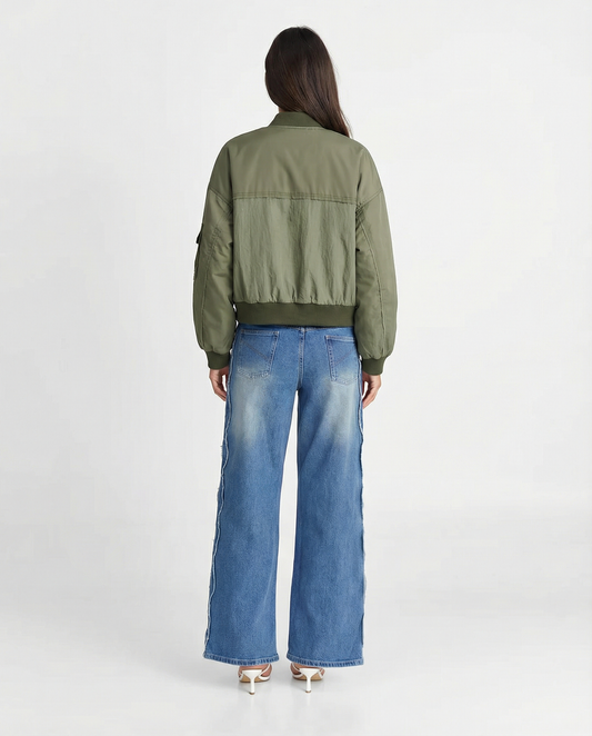 Freya | Casual Oversized Green Bomber Jacket Khaki Utility Zip Up