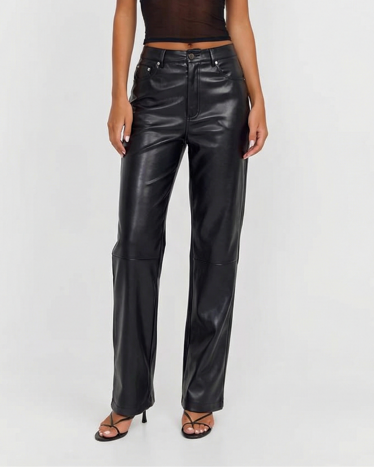 Ottilie | High-Waist Five-Pocket Knee Seam Faux Leather Straight-Leg Trousers in Black