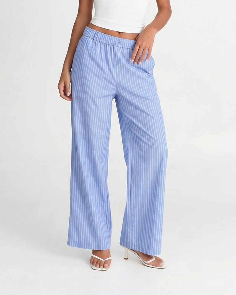 Axel | Wide Leg Striped Blue Trousers High Waisted