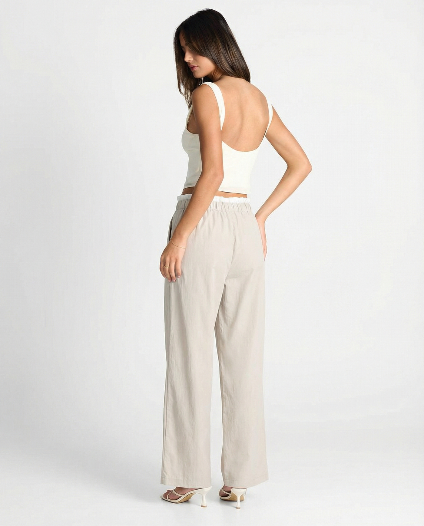 Georgia | Elasticated High-Waist Contrast Drawstring Pocket Wide-Leg Cotton Trousers in Cream
