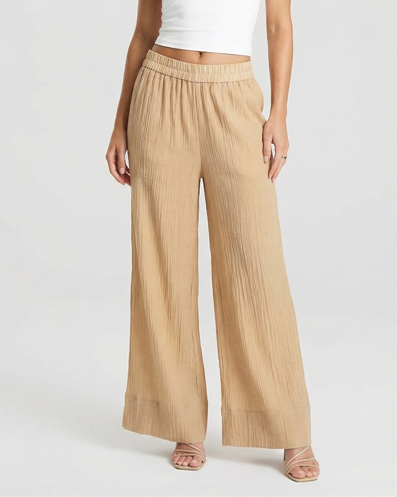 Tamara | Elasticated High-Waist Wide-Leg Linen Trousers in Cream