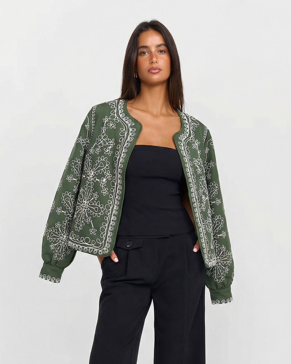 Sia | Bomber Jacket Green Embroidered Short Zip Up Cropped