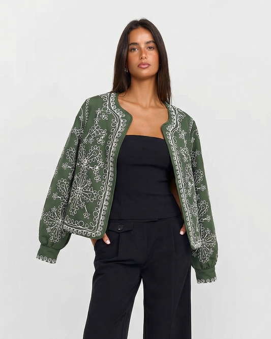 Sia | Bomber Jacket Green Embroidered Short Zip Up Cropped