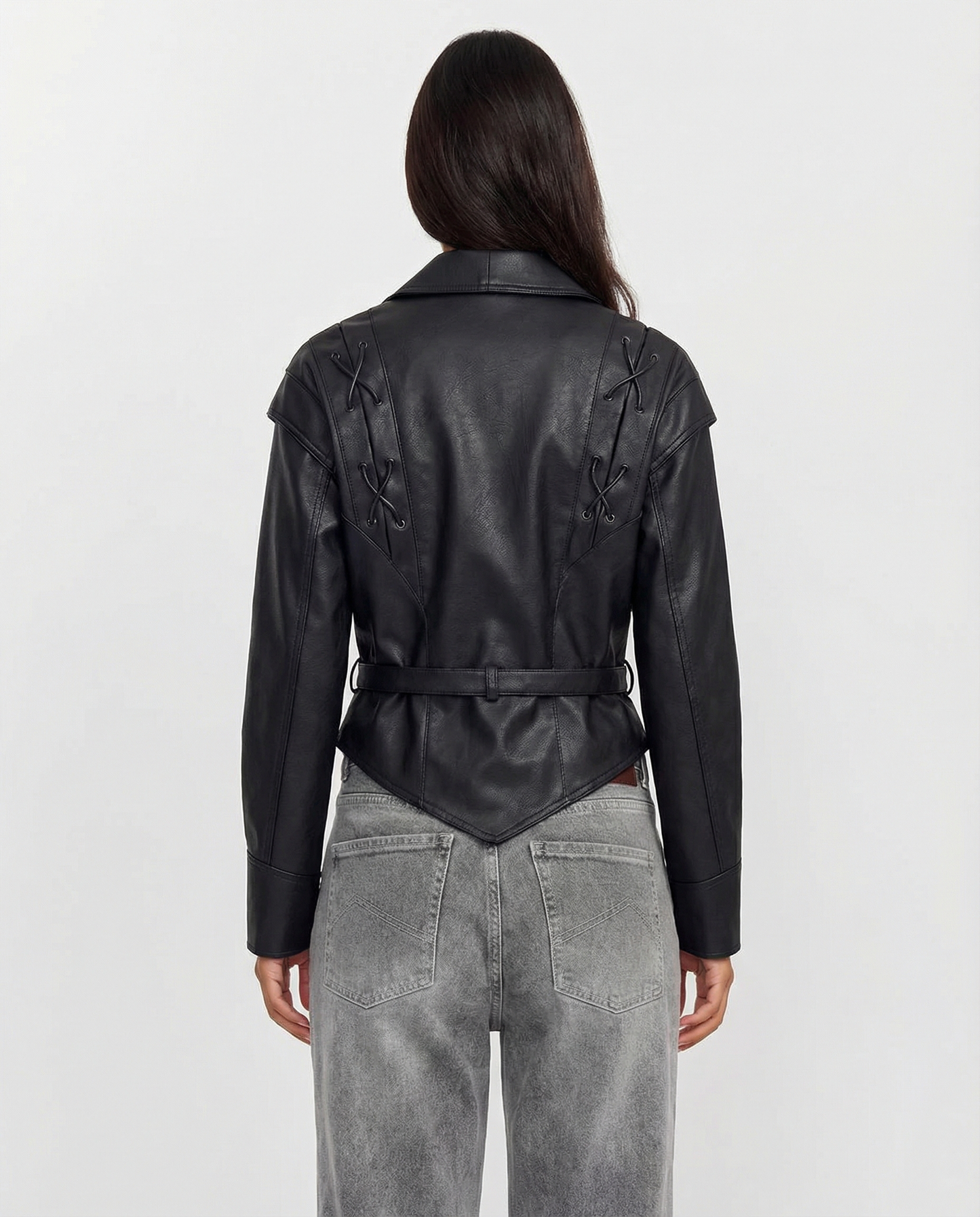 Nola | Faux Leather Jacket Black Belted Lace Up Long Sleeve