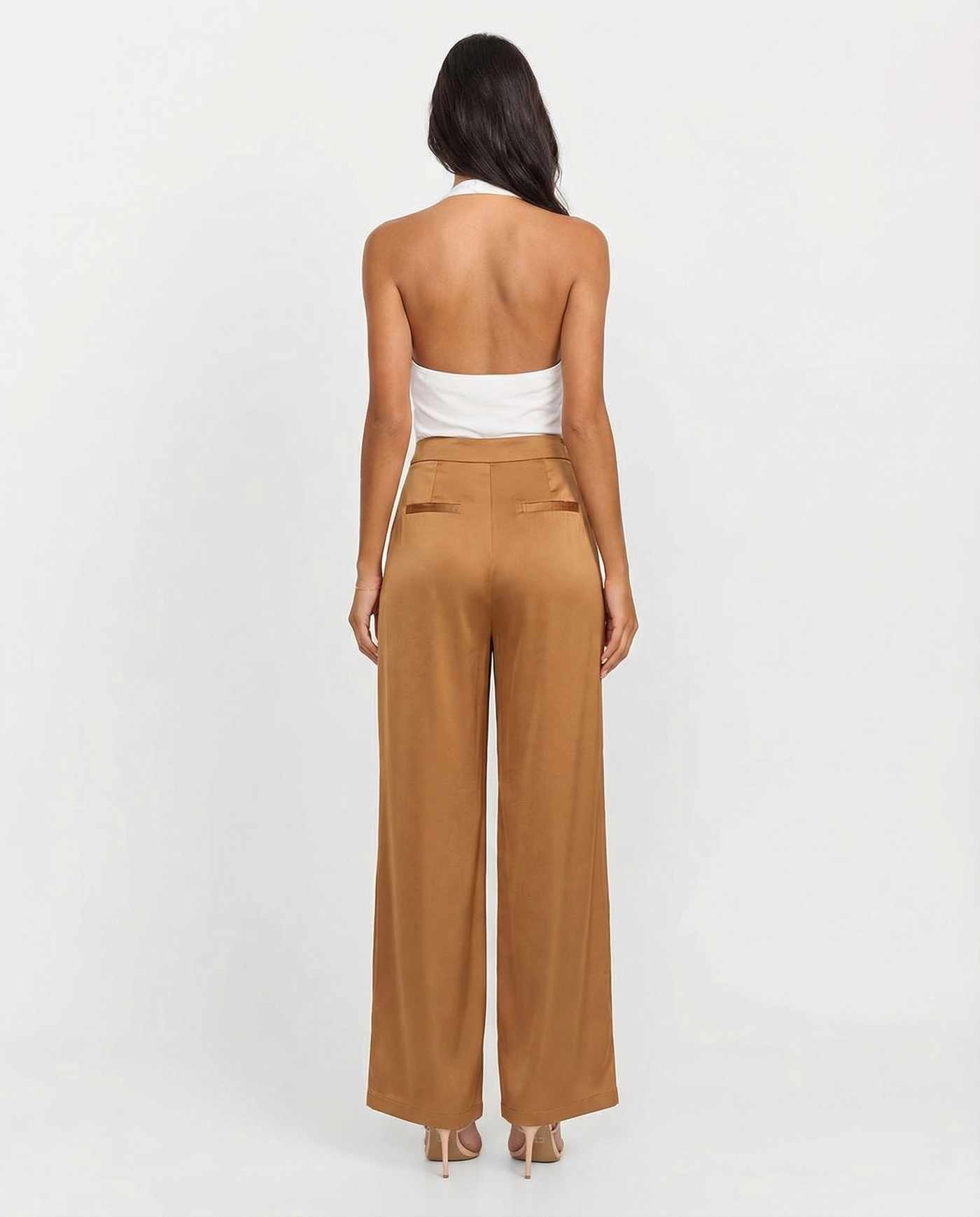 Isla | High-Waist Button-Front Vertical Seam Wide-Leg Satin Trousers in Camel