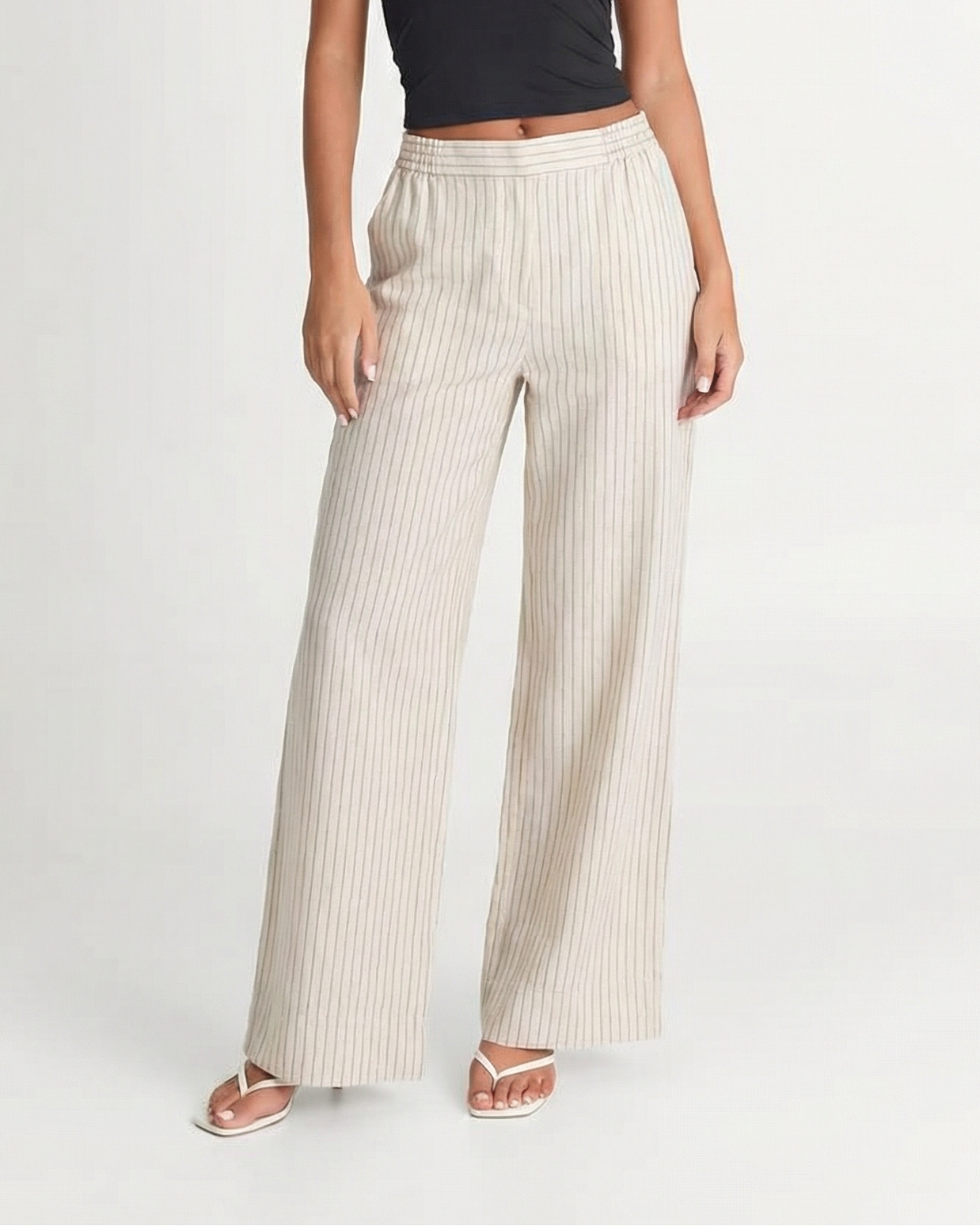 Grace | Pinstripe Wide-Leg Linen Trousers with Flat Front and Elasticated Back