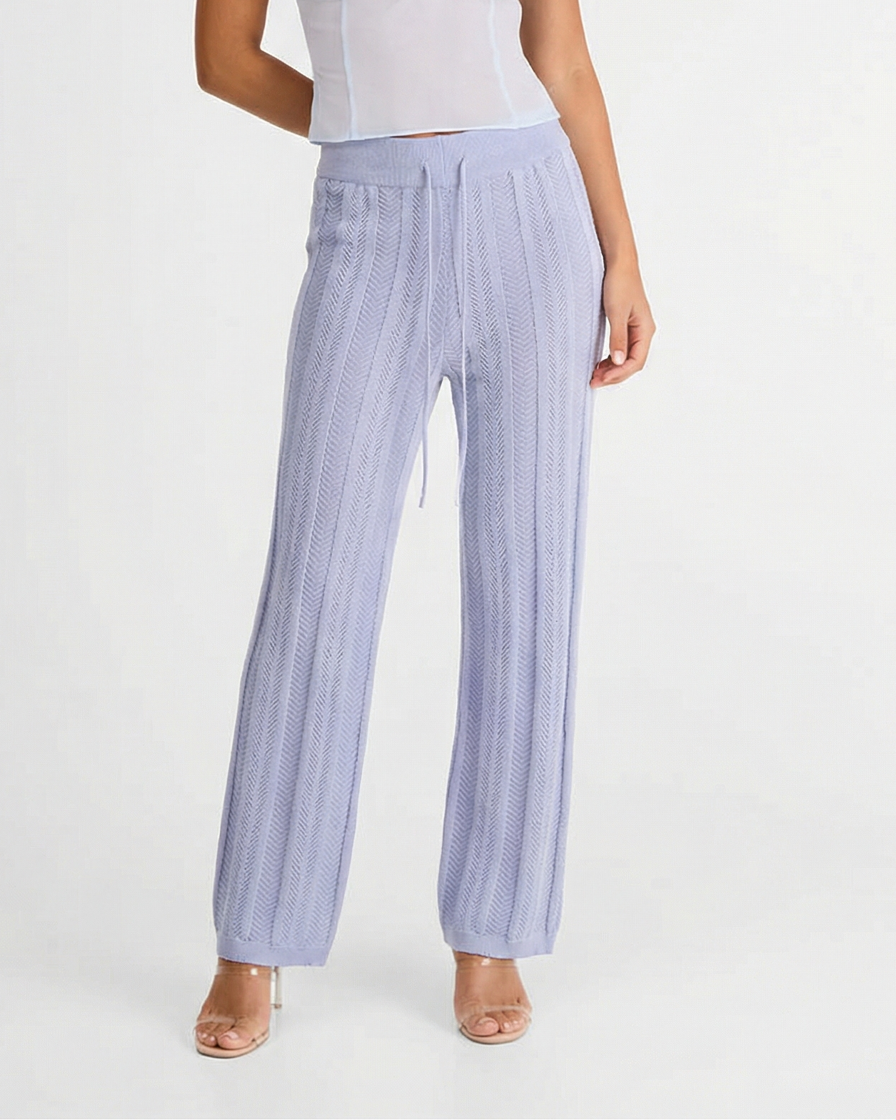 India | Chevron Knit Drawstring Wide-Leg Open-Knit Trousers in Light Blue