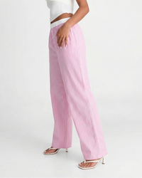 Mary | Stripe Contrast Waistband Button Fly Wide-Leg Cotton Trousers