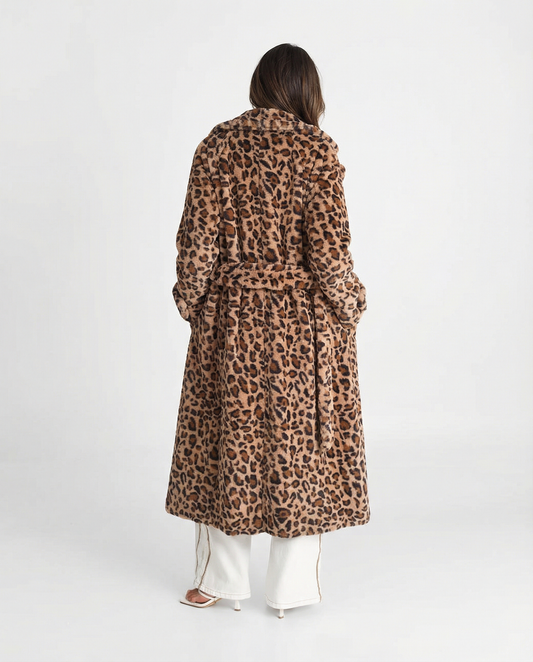 Alma | Winter Long Faux Fur Leopard Print Coat Brown Fluffy