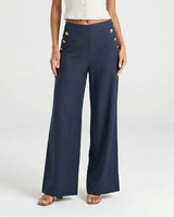 Primrose | High-Rise Gold Button Detail Wide-Leg Linen Trousers in Navy